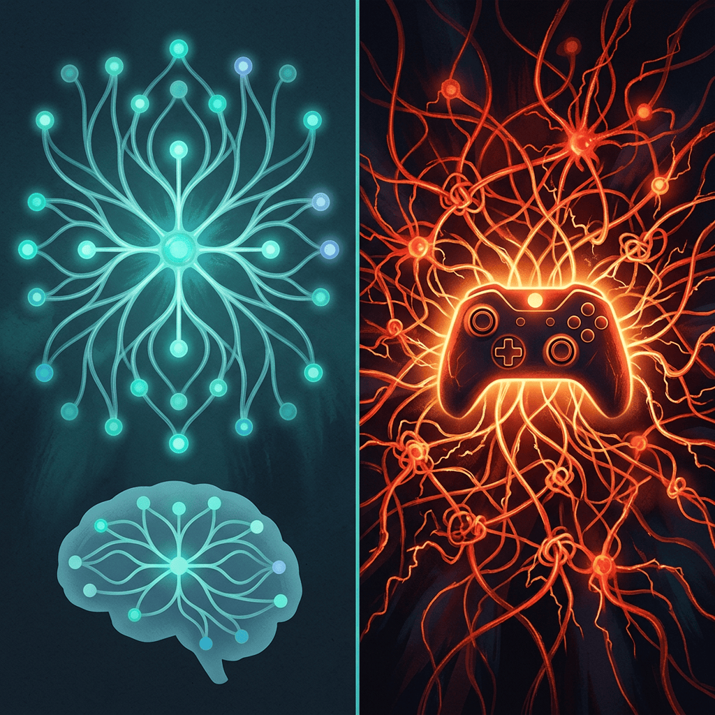 Split illustration of teal neural networks and an orange game controller with glowing connections